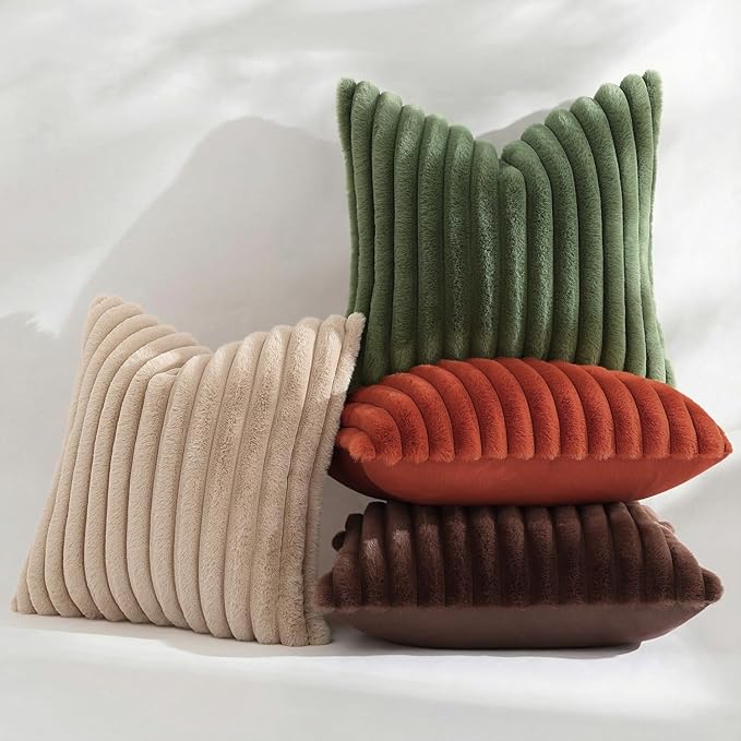 decorUhome Cozy Faux Fur Throw Pillow Covers 20x20 Set of 2 Decorative Soft Plush Striped Modern Farmhouse Boho Couch Pillow Cases with Velvet Back for Sofa Bed Living Room, Khaki Brown