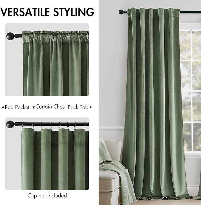 MIULEE Velvet Curtains 90 inches - Luxury Blackout Curtains for Bedroom Living Room Thermal Insulated Super Soft Window Drapes Rod Pocket & Back Tab, Sage Green, W52 x L90 inches, 2 Panels
