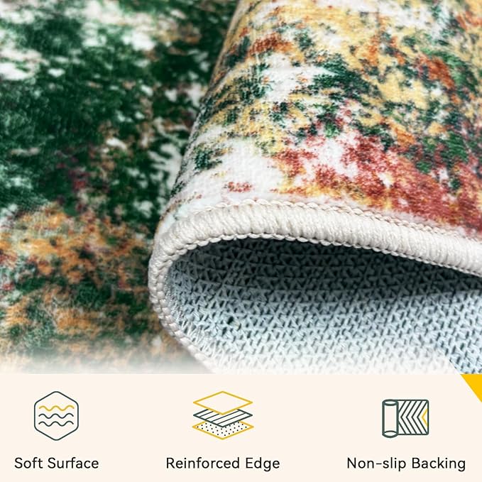 Washable Area Rugs 2'x6' Non-Slip Modern Abstract Soft for Living Room Entryway Bedroom Nursery, Print Pattern, Green Orange Rust Red Cream Colorful