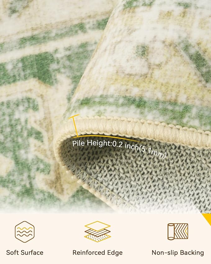 Area Rugs 5'x7' Washable Non-Slip, Floral Vintage Distress Print Pattern Medallion Carpet for Living Room Bedroom Dining Room, Sage Green Yellow
