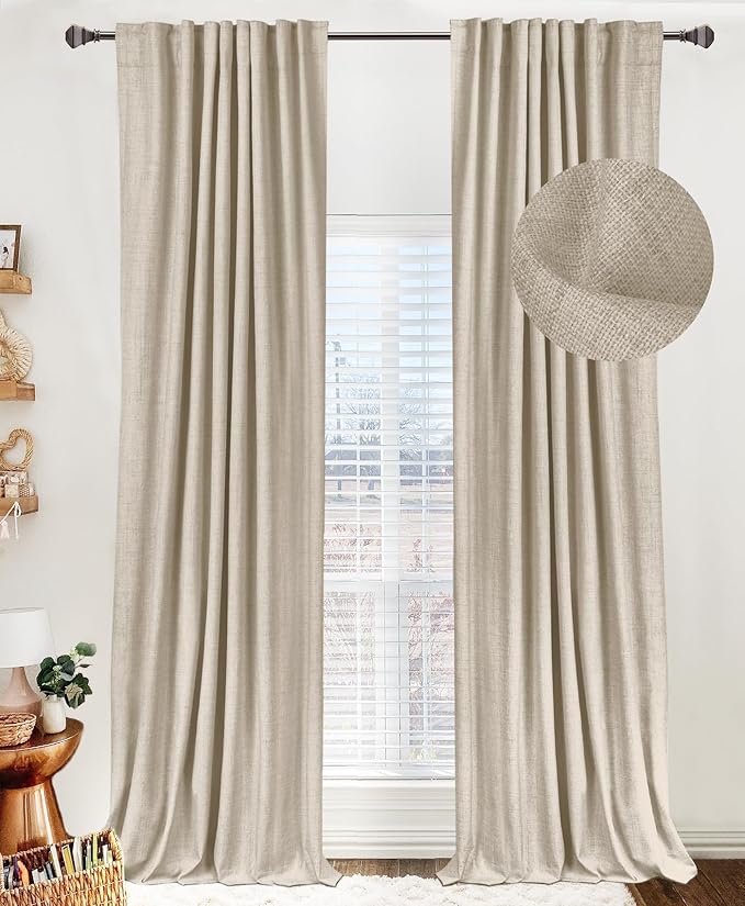 100% Blackout Shield Linen Blackout Curtains for Bedroom 120 Inches Long, Back Tab/Rod Pocket Living Room Drapes, Thermal Insulated Blackout Curtains 2 Panels Set, 50" W x 120" L, Oatmeal