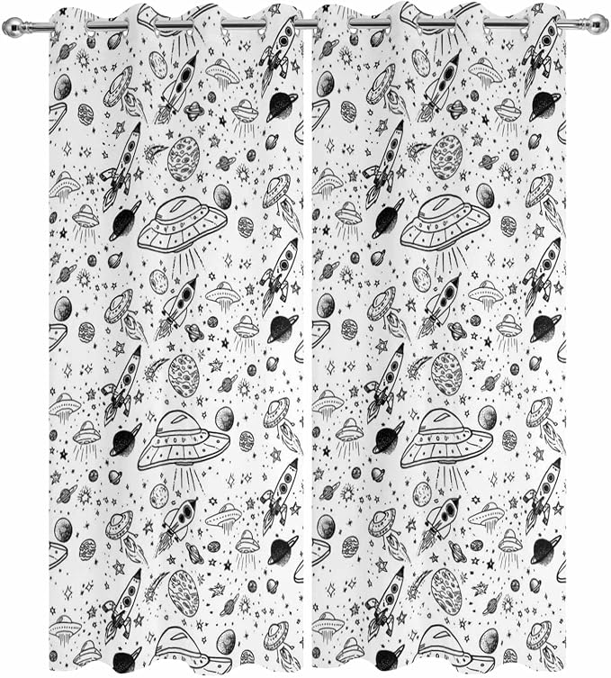 Cartoon Space Outdoor Curtains for Patio Rockets Astronauts Planets Black - Image 9