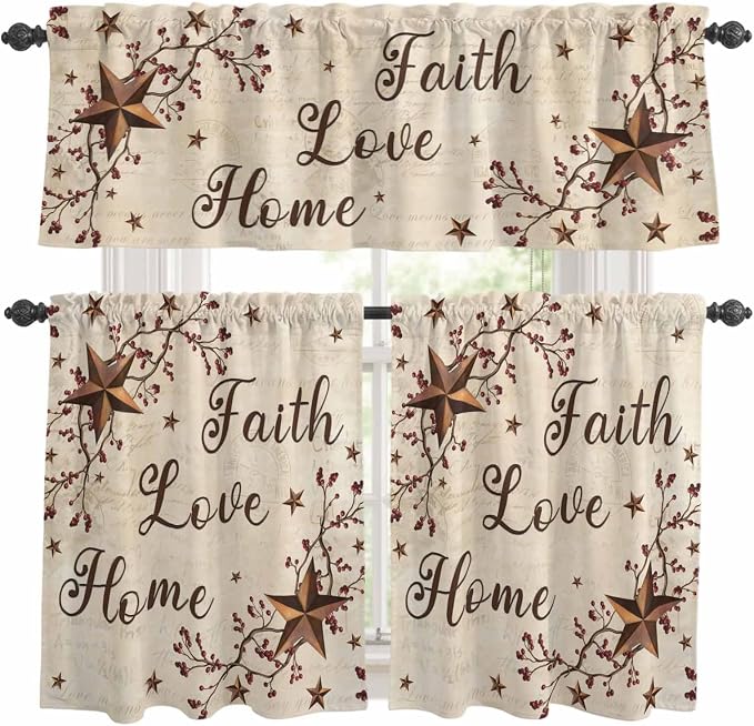 Kitchen Curtains Tiers and Valance Set of 3, Retro Country Stars Rustic by Anzona