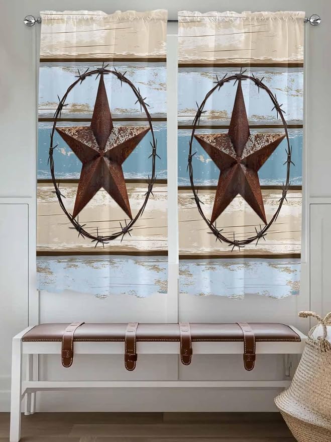 Vintage Western Star on Wood Grain Window Valance Curtains, Retro Wooden - Image 2