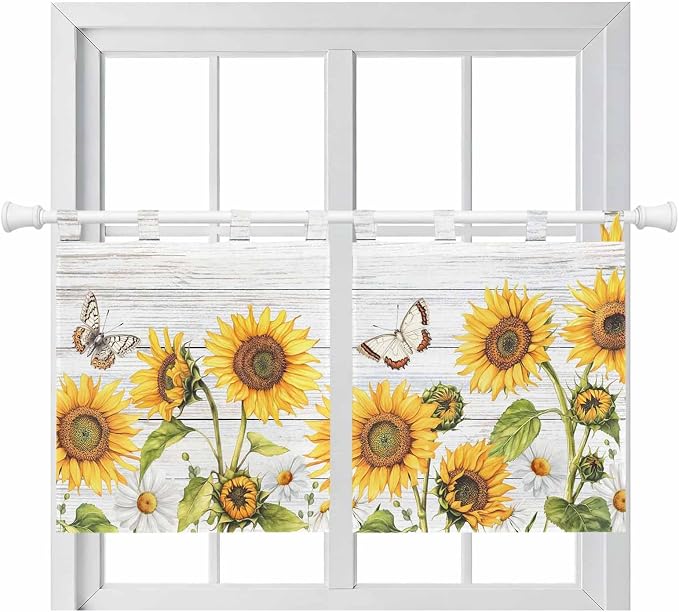 Yellow Sunflowers Kitchen Curtains 36 Inch Length, Small Window Curtains Tab Top by Unknown