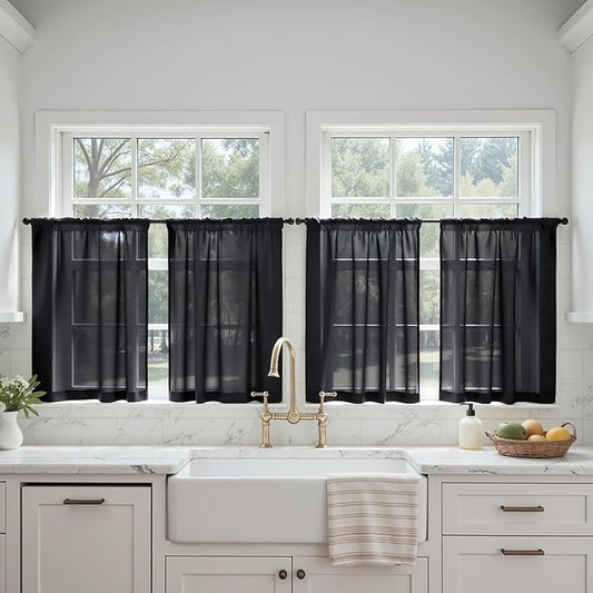 MIULEE Short Cafe Curtains 36 Inches Long, 4 Panels Set, Sheer Light Filtering Tier Curtains for Kitchen Windows Over Sink, Rod Pocket, 42W x 36 Inches, Black