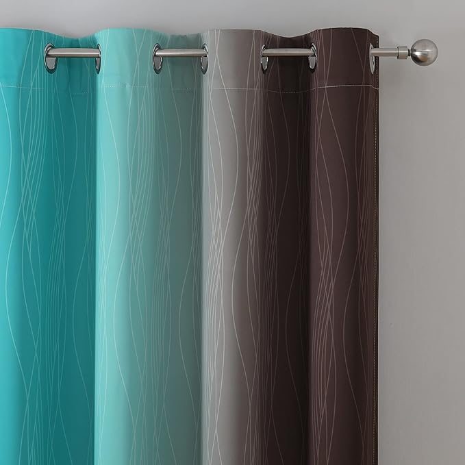 Estelar Textiler Brown and Teal Gradient Blackout Curtains for Bedroom, Ombre Thermal Insulated Noise Reducing Blackout Drapes for Living Room, Full Room Darkening Grommet Curtains, 52Wx84L, 2 Panels