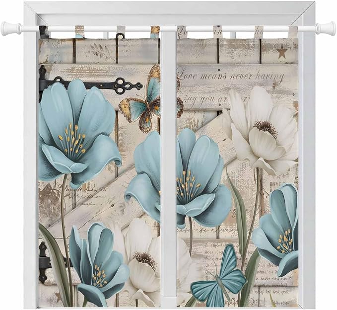 Teal Blue Tulips Bathroom Curtains 63 Inch Length, Window Curtains Tab Top by Unknown