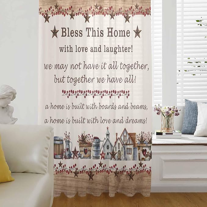 Farmhouse Sheer Curtains 72 Inch Length Country Star Barn Berry Brown Wood by Unknown