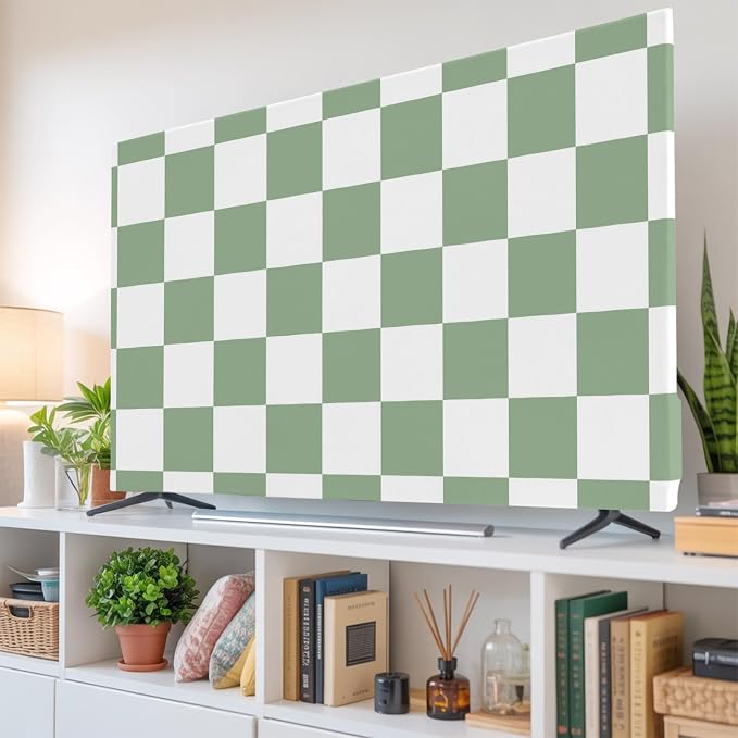 White Sage Green Buffalo Plaid Indoor TV Cover, Elastic TV Screen Protector - Image 6