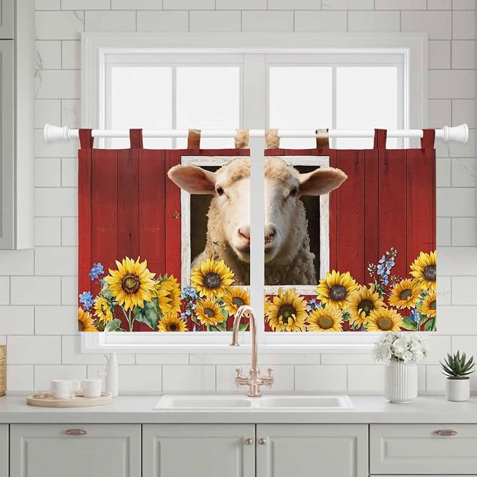 Sheep Sunflower Kitchen Curtains 36 Inch Length, Small Window Curtains Tab Top - Image 3