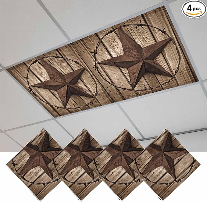 4 Pack Vintage Texas Star Fluorescent Light Covers Brown Wood Grain Wire 4 x 2 by Unknown