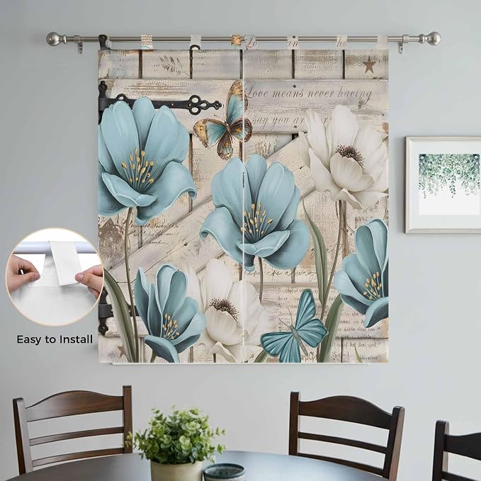 Teal Blue Tulips Living Room Curtains 84 Inch Length, Window Curtains Tab Top - Image 4