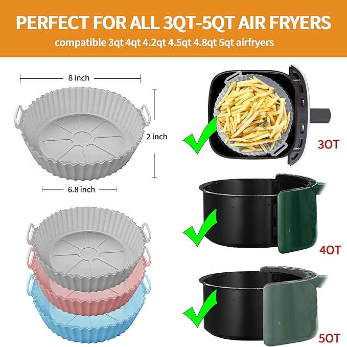 UOUYOO Air Fryer Silicone Pot, 3 pack Air Fryer Silicone Liners Fits 3QT - 5QT - Image 2