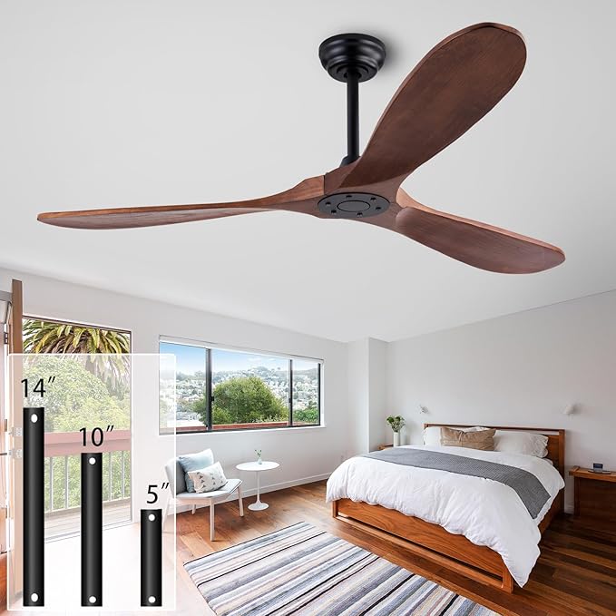 QUTWOB 60" Wood Ceiling Fan, Remote Control, 3 Wooden Blades, Indoor/Outdoor by QUTWOB