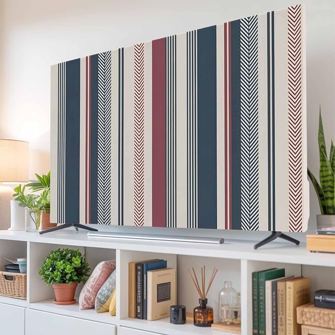 Vintage Blue Red Stripes Indoor TV Cover, Elastic TV Screen Protector Abstract - Image 6