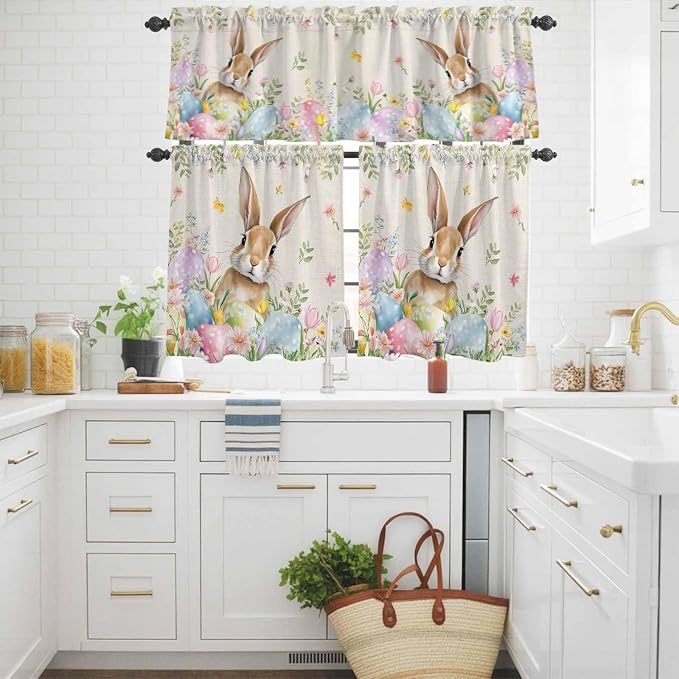 Kitchen Curtains Tiers and Valance Set of 3, Easter Light Filtering Window - Image 3