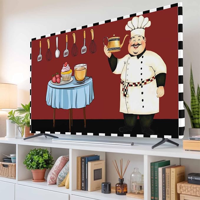 Funny Cook Knife Fork Food on Red Indoor TV Cover, Elastic TV Screen Protector - Image 6