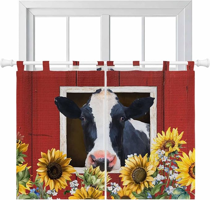 Cow Sunflowers Bedroom Curtains 63 Inch Length, Window Curtains Tab Top by Unknown
