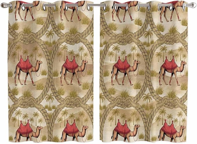 2 Panel Kitchen Cafe Curtains, Desert Camels Sunlight Filtering Nature Air by Hokiten
