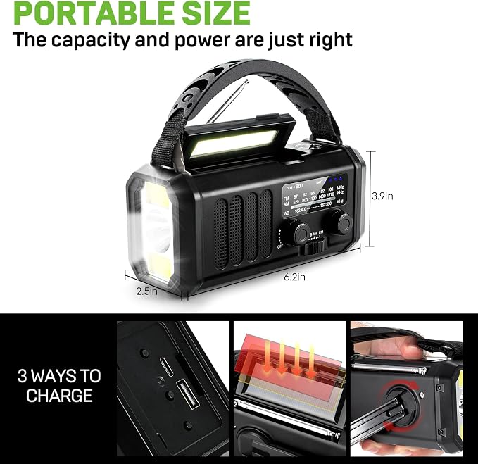 Emergency NOAA Weather Radio, 10000mAh/37000mWh, Solar Hand Crank Radio - Image 5