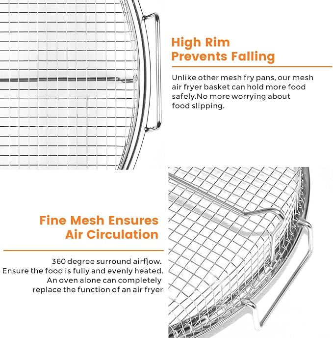 Air Fryer Basket for Oven, 2 Pieces Set Round Silver 12.9'' Non-stick Stainless - Image 7