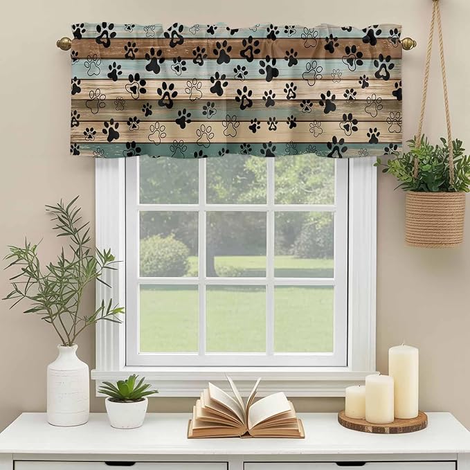 Dog Paws Valance Curtains for Kitchen, Teal Brown Wood Grain Privacy Rod Pocket - Image 6