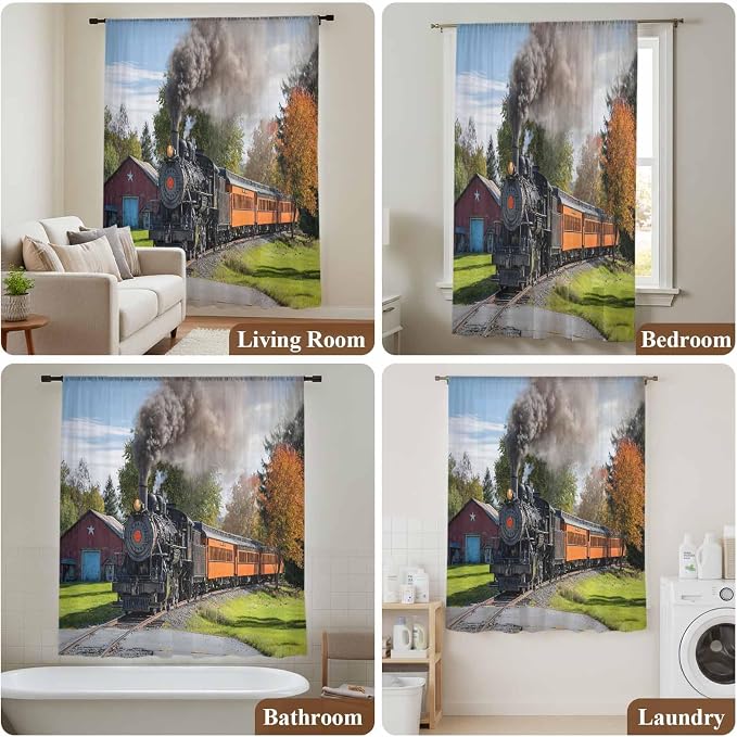Steam Train Sheer Curtains 96 Inch Length Railroad Country Barn Rustic Trees - Image 7