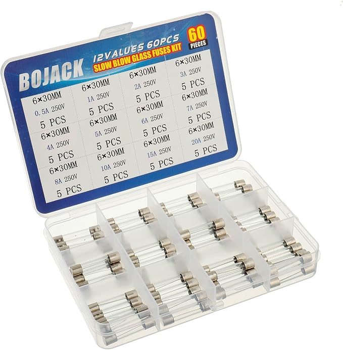 BOJACK 12 Values 60 Pcs Slow Blow Glass Fuses Assortment Kit 6x30 mm 250V T - Image 2