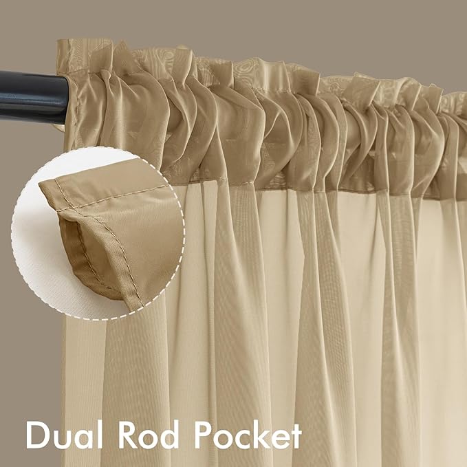 MIULEE Beige Sheer Curtains 96 Inches Long, 4 Panels Set, Rod Pocket Voile Drapes Light Filtering and Semi Transparent, Elegant Window Treatments for Bedroom Living Room,42 x 96 Inches