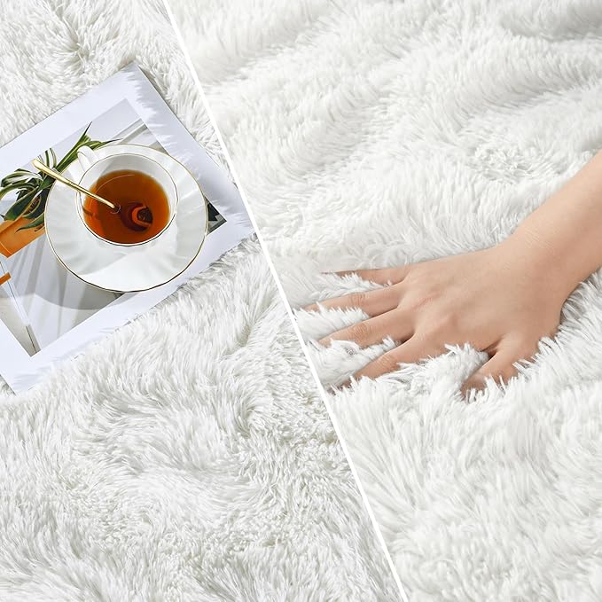Deerhoo Large Shag Area Rugs 8 x 10, Plush Fuzzy Rugs for Living Room, Ultra Soft Fluffy Furry Rug for Bedroom, Indoor Carpet Nursery Rugs for Kids Room Home Decor, White