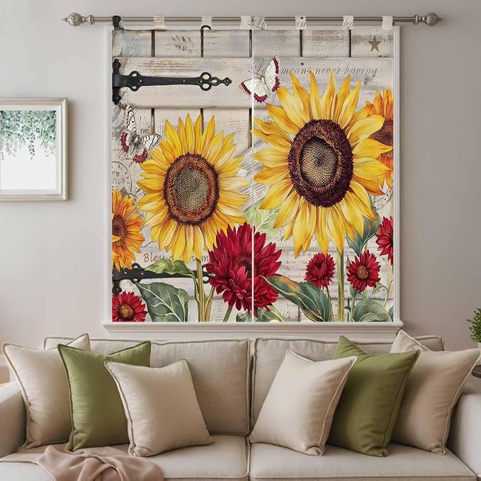 Red Yellow Sunflowers Bedroom Curtains 72 Inch Length, Window Curtains Tab Top - Image 9