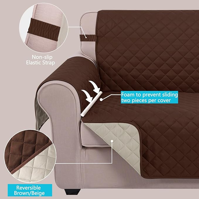 U-NICE HOME Recliner Chair Covers Reversible Chair Cover Pet Covers for Dogs with Elastic Straps Water Resistant Diamond Quilted (23''Armchair, Brown/Beige)