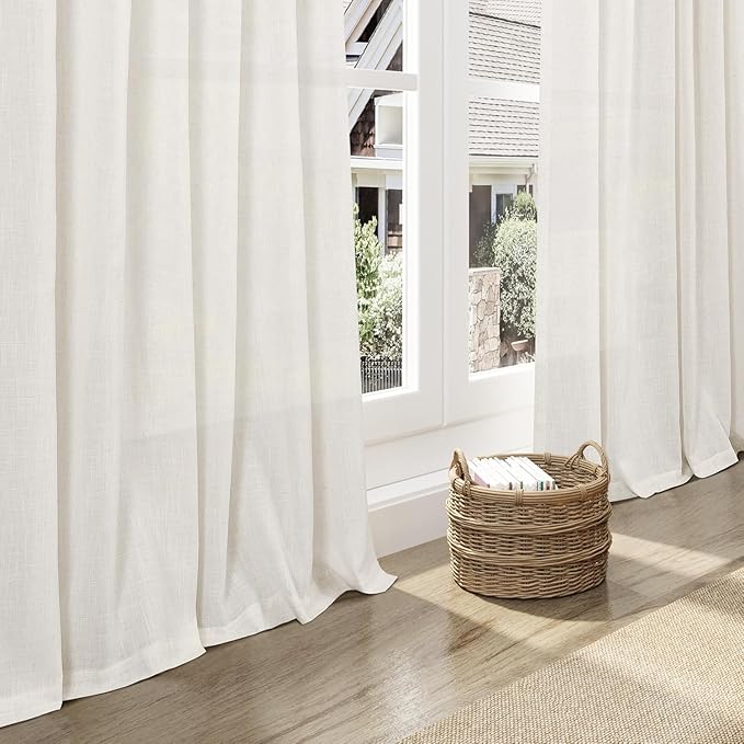 Nanspring Beige White Linen Curtains 90 Inches Long for Living Room 2 Panels Set Semi Sheer Vertical Curtains Back Tab Rod Pocket Coastal Room Decor Privacy Curtain for Bedroom/Dinner Room 60x90