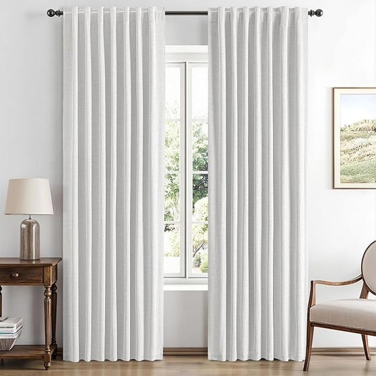 MIULEE 100% Blackout Linen Curtains for Bedroom, Heathered White Solid Luxury Decor Thermal Insulation Room Darkening Drapes for Living Room Nursery Back Tab Rod Pocket 42 x 72 Inches, 2 Panels