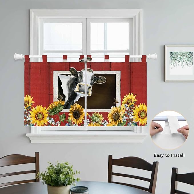 Cows Sunflowers Kitchen Curtains 36 Inch Length, Small Window Curtains Tab Top - Image 4