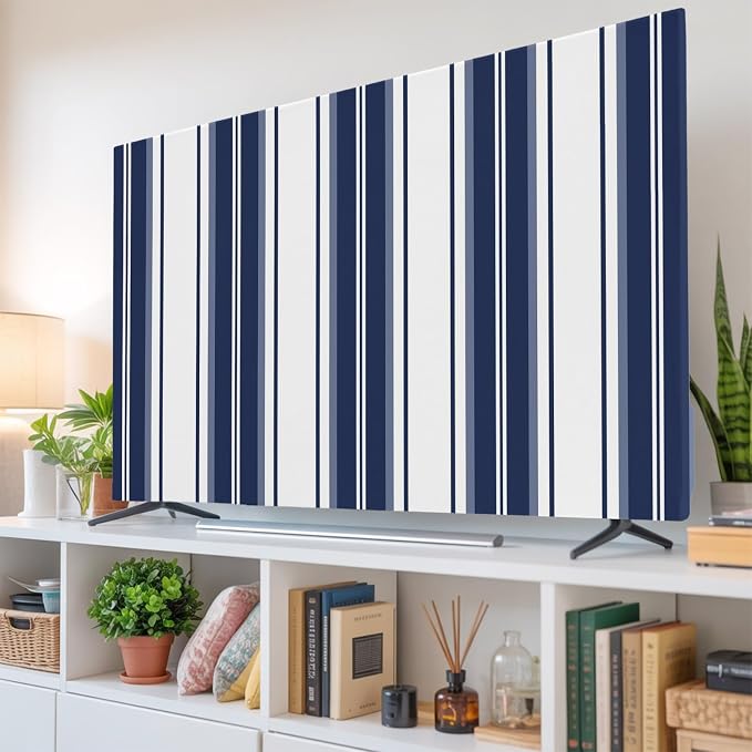 Minimalist Blue Stripes Indoor TV Cover, Elastic TV Screen Protector Modern - Image 6