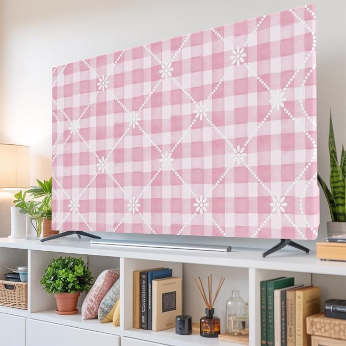 Pink Plaid Flower White Lattice Indoor TV Cover, Elastic TV Screen Protector - Image 6