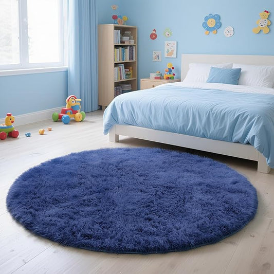 yulidayang Blue Fluffy Round Area Rugs for Living Room,6'X6'Shag Circle Area Rugs for Bedroom,Non Slip Fuzzy Plush Rug for Kids Room Boys Girls Room and Dorm Home Decor Rug