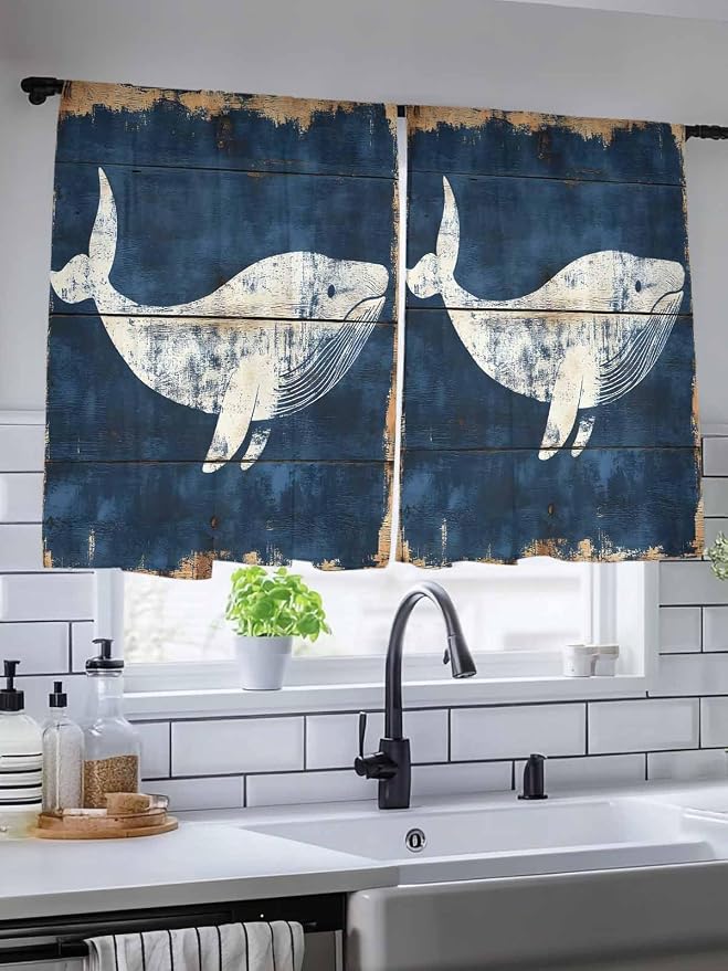 Sheer Curtains 45 Inch Length, Ocean Whale Blue Semi Sheer Curtains Light - Image 5