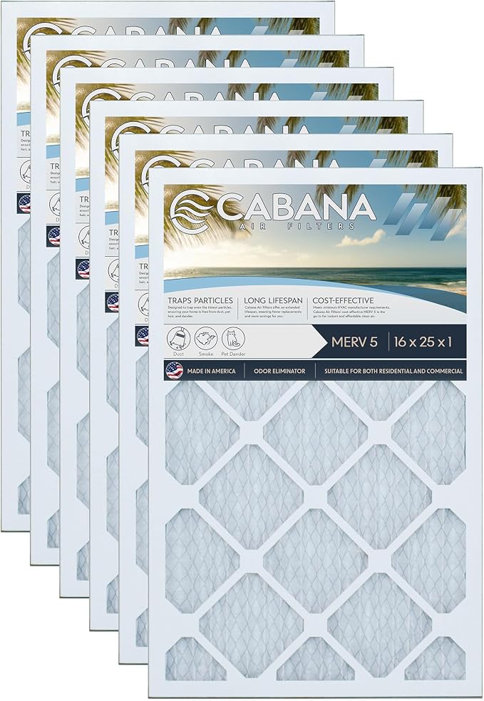 Cabana Filters 6-Pack 16x25x1 MERV 5 AC Furnace Air Filter, Pleated Filters by CabanaAirFilters