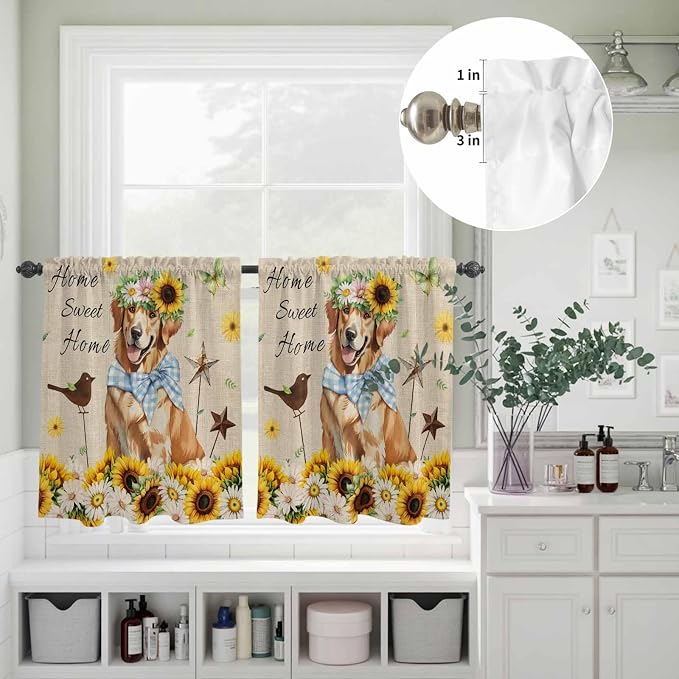 Kitchen Curtains Tiers and Valance Set of 3, Sunflowers Dog Light Filtering - Image 8