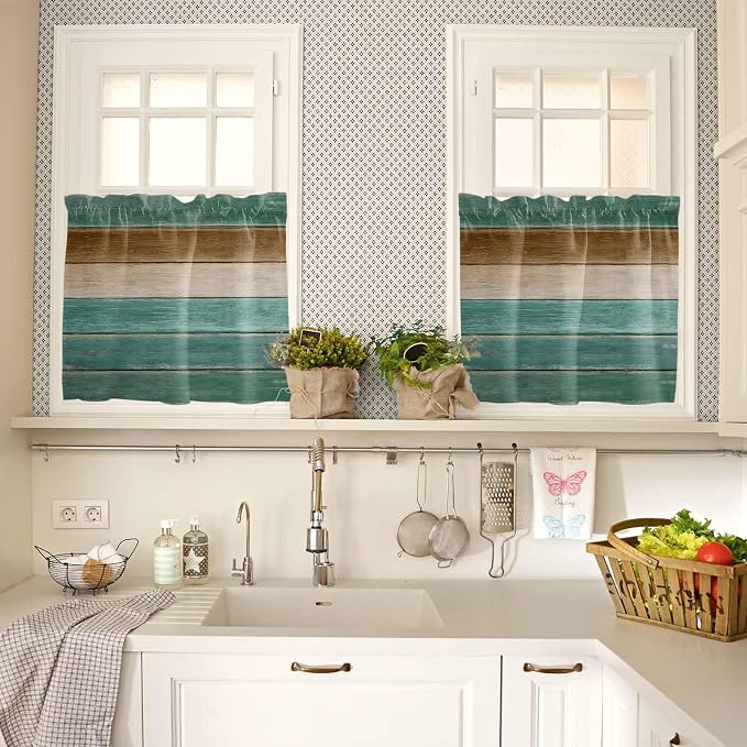 Vintage Plank Turquoise Brown Window Valance Curtains, Farmhouse Wood Grain - Image 7