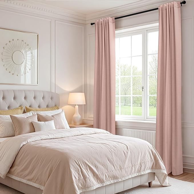 100% Blackout Shield Linen Blackout Curtains for Bedroom 108 Inches Long, Back Tab/Rod Pocket Living Room Drapes, Thermal Insulated Blackout Curtains 2 Panels Set, 50" W x 108" L, Blush Pink