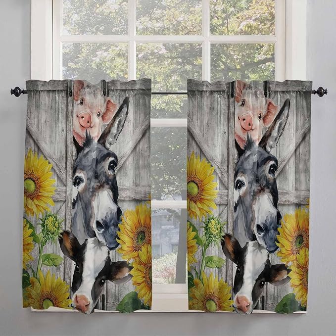 Farmhouse Kitchen Curtains 54 Inches Length, Vintage Sunflowers Animals Printed - Image 2