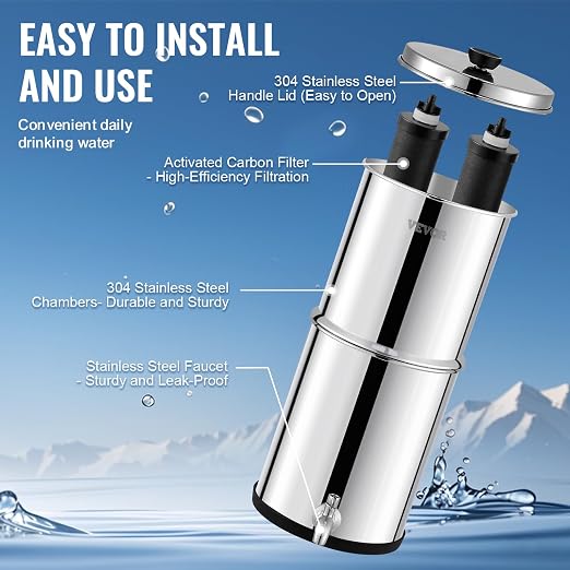 VEVOR Gravity-fed Water Filter System, 1.5G 304 Stainless-Steel Countertop - Image 6