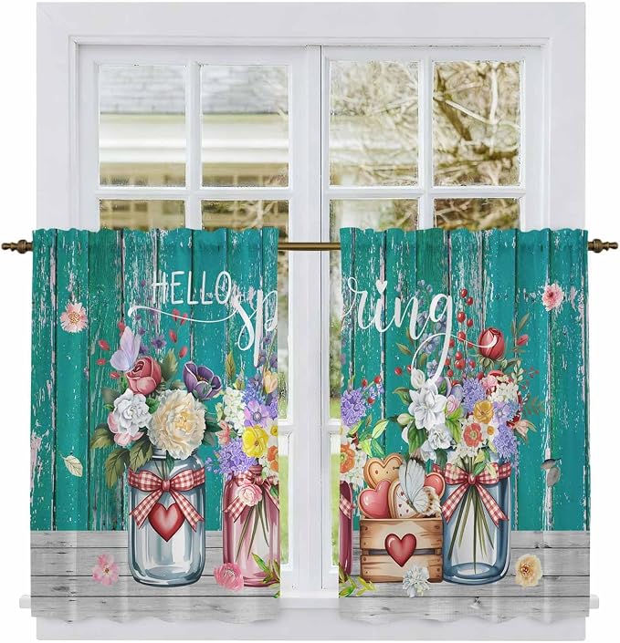 Spring Flowers Kitchen Curtains, Farmhouse Watercolor Teal Wood Grain Light by Unknown