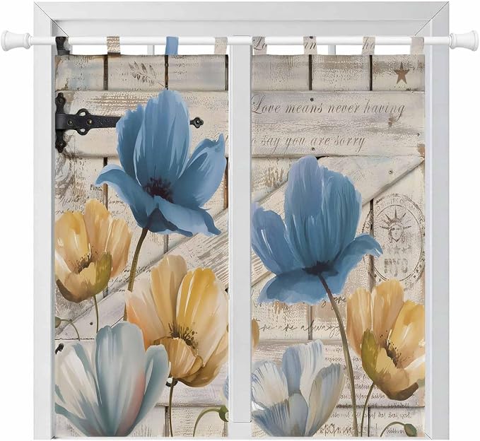 Blue Yellow Tulips Living Room Curtains 84 Inch Length, Window Curtains Tab Top by Unknown