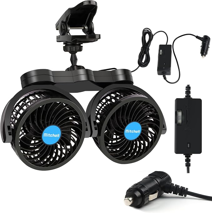 Alagoo 12V Car Fan, Adjustable 4 Inches Dual Head Car Clip Fan by Alagoo