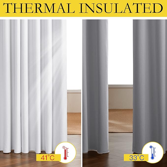 NICETOWN 100% Absolutely Blackout Linen Curtains with Thermal Insulated White Liner, White, 42 inches Wide, 90 inches Length Energy Saving Curtains for Living Room 2 Panels Set, Vertical Blinds